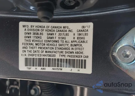 2017 Honda Civic Si z USA, uszkodzony, nr VIN 2HGFC1E51HH706320